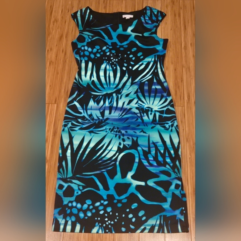 NWOT CB Established 1962 Tropical Blue and Black Sleeveless Dress